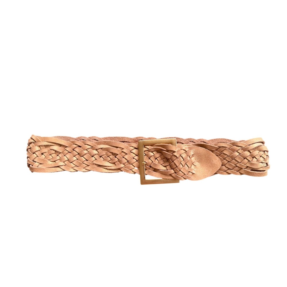 Cache boho  Tan Gold Metallic Braided Leather Belt Wide Boho Brass‎ Buckle S